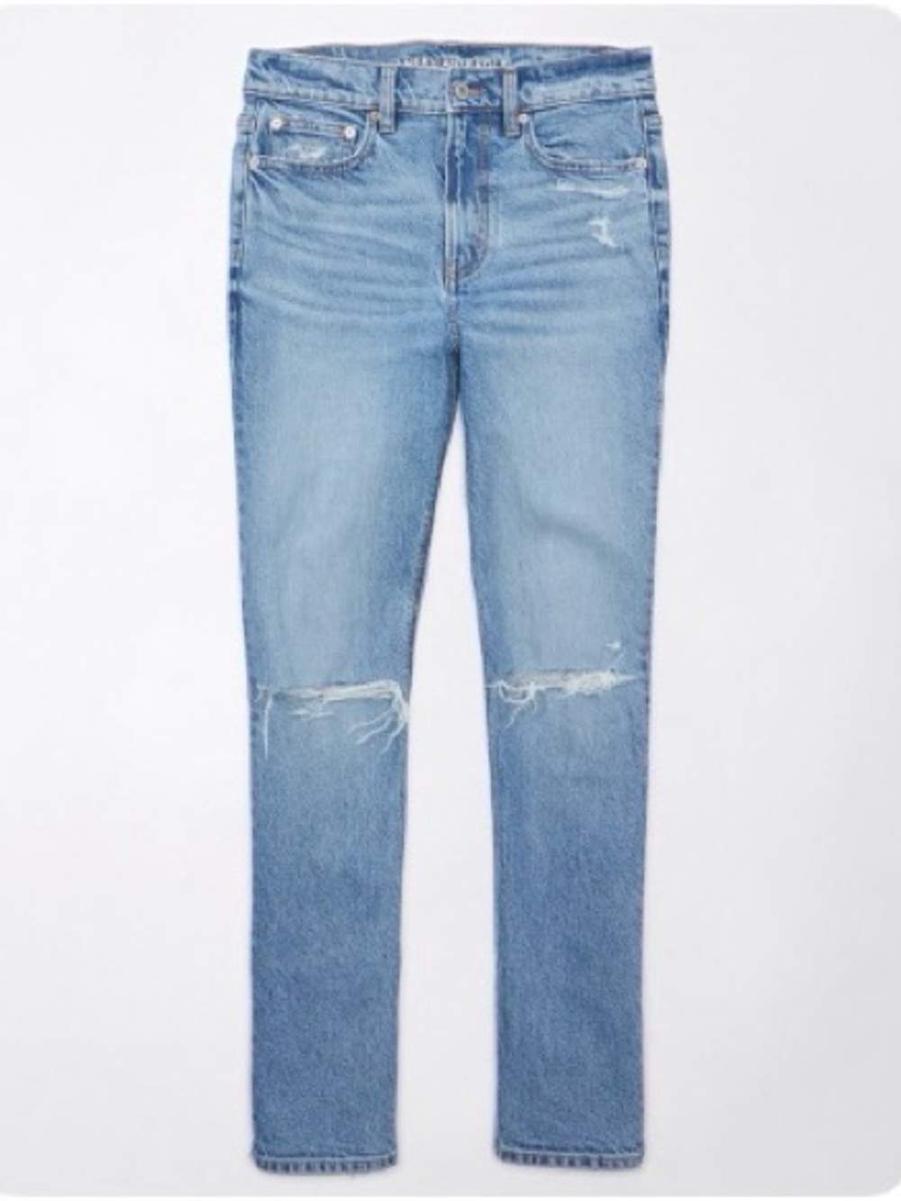 American Eagle Outfitters Women's Straight Leg Distressed Jeans - Light Blue